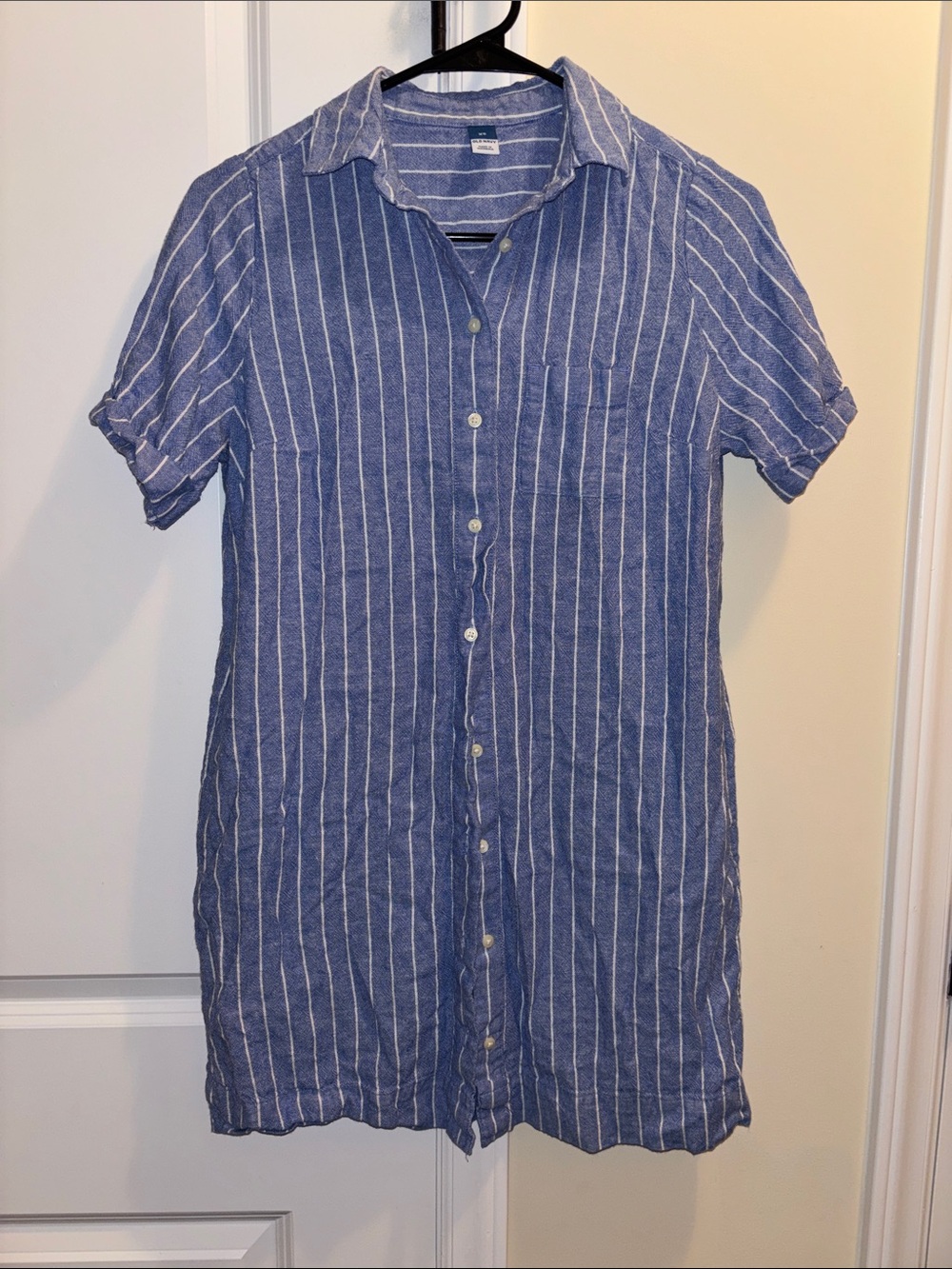 Blue and White Striped Button-Front Shirt Dress